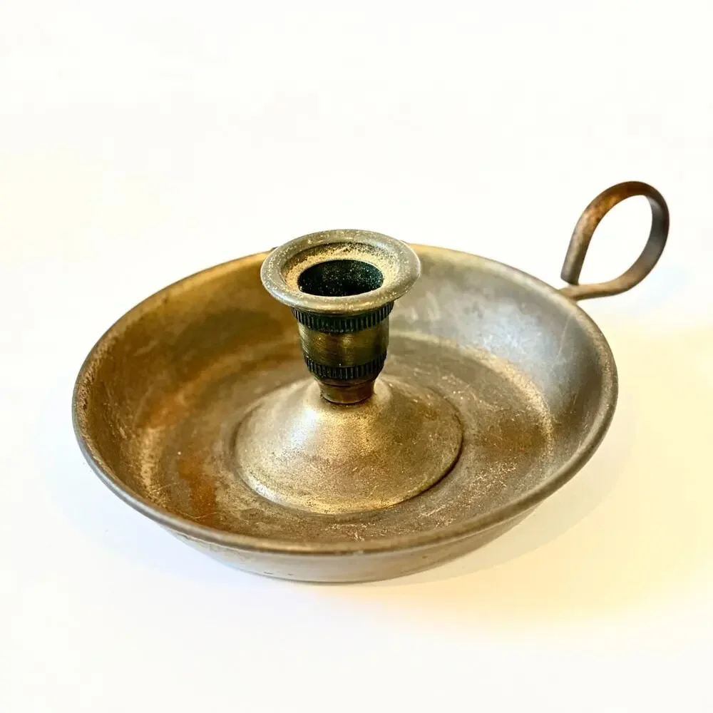 Chamberstick Candle Holder Brass Finger Loop Saucer 6in Vintage Primitive